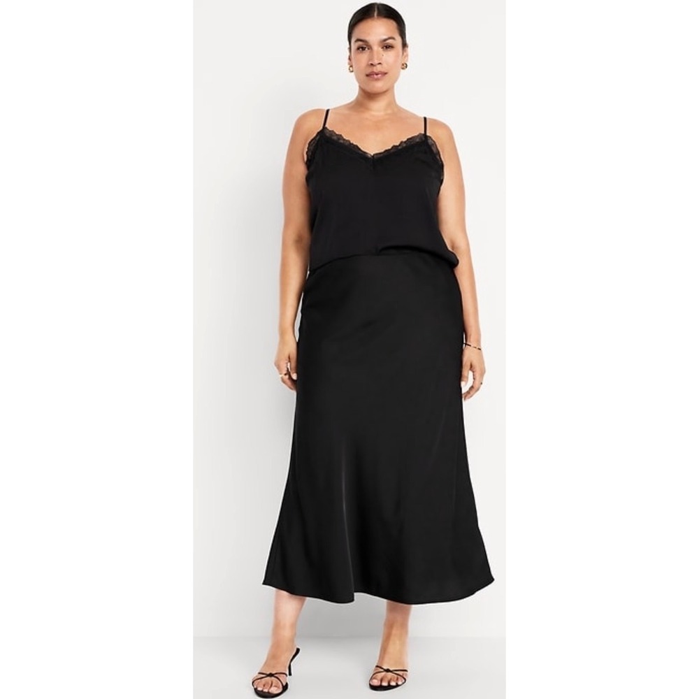 Old Navy Women XXL Black Satin Bias Cut Midi Skirt 804476-03 Blackjack